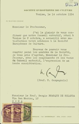 Carta, em francês, de Ugo Campagnolo a Sérgio Buarque de Holanda