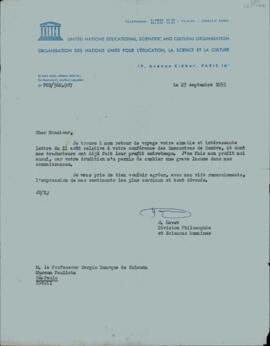 Carta, em francês, de J. Havet, da Philosophie et Sciences humaines da UNESCO