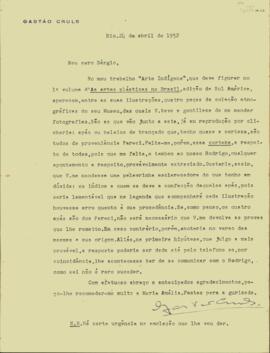 Carta de Gastão Cruls a Sérgio Buarque de Holanda