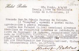 Cartão de Herbert Baldus a Sérgio Buarque de Holanda