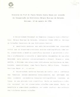 Rascunho da alocução do Prof. Dr. Paulo Renato Costa Souza, por ocasião da inauguração da Biblioteca Sérgio Buarque de Holanda.