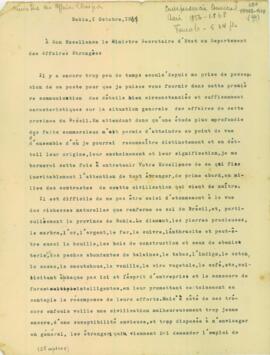 Carta, em francês, de Ern. Blancheton ao Ministre Secretaire d' Etat au Departement des Affaires Étrangères