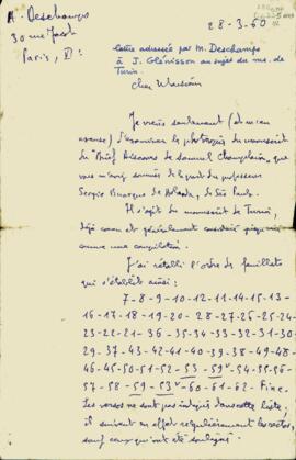 Carta, em francês, de Hubert Deschamps, Governador, a J. Glénisson