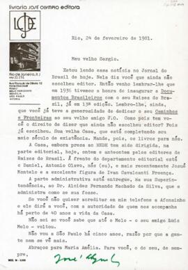 Carta de José Olympio Pereira Filho a Sérgio Buarque de Holanda
