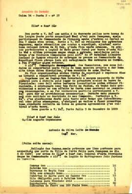 Carta do Capitão-mor Antônio da Silva Leite de Morais a D. João Carlos Augusto d' Oeyhnausen
