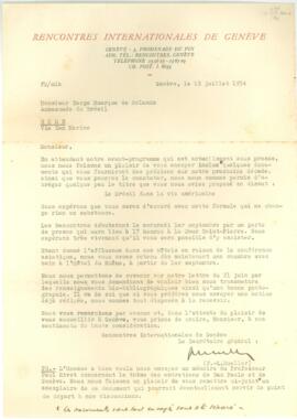 Carta, em francês, de F. L. Mueller, Secretário Geral dos IXèmes Rencontres Internationales de Genève a Sérgio Buarque de Holanda